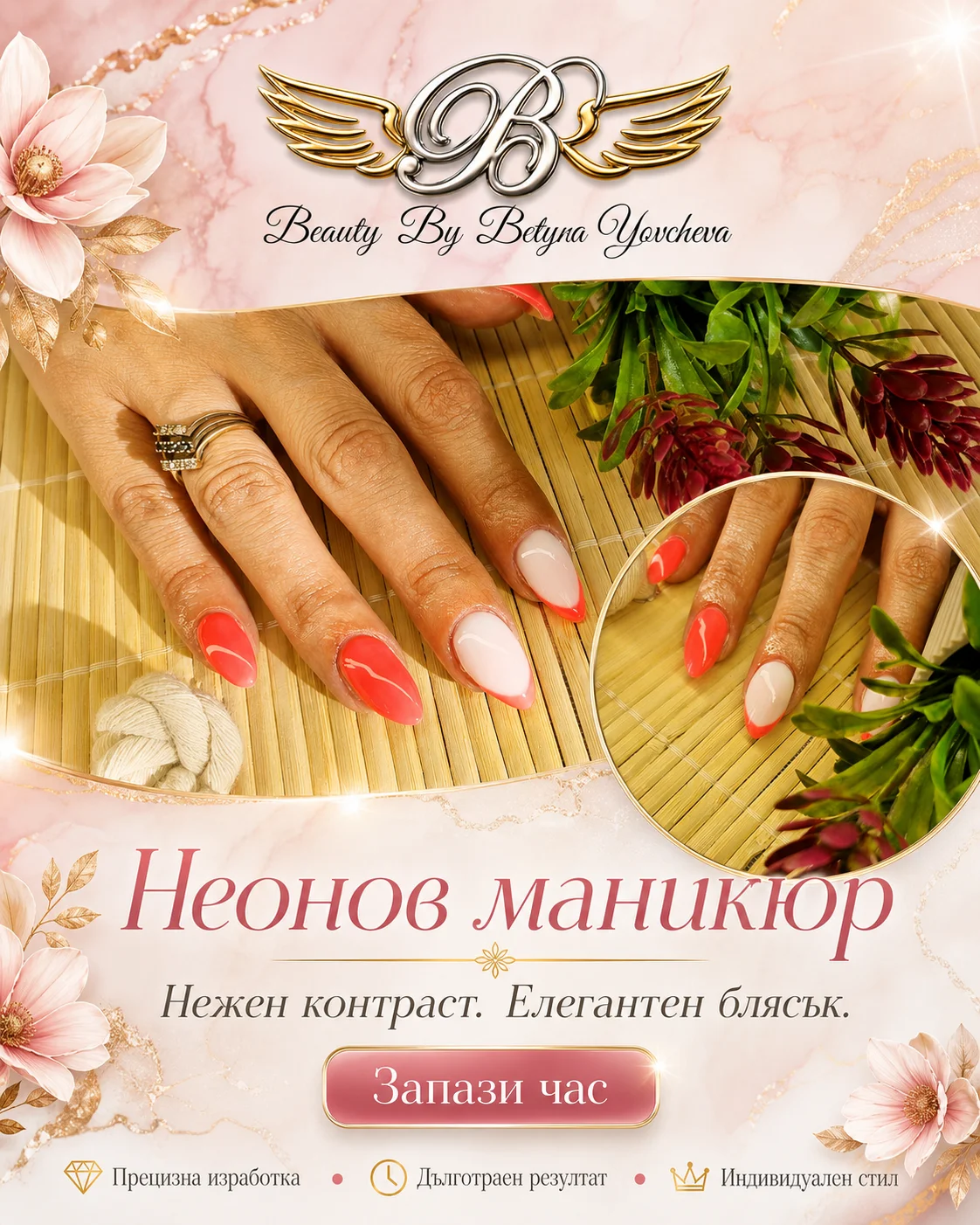 Instagram post for the Beauty by Betyna manicure salon — neon manicure